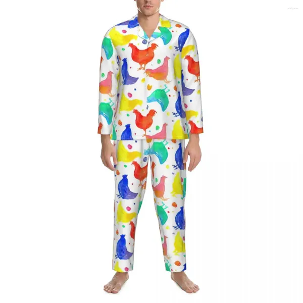 Herren Nachtwäsche Pyjamas Mann farbenfrohe Hühnchenschlafzimmer Nachtwege Aquarell Tierdruck zwei Stück Freizeitpyjama Sets süßer übergroßer Hausanzug Anzug