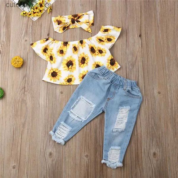 T-Shirts Kleinkind Kinder Baby Mädchen Kleidung Set 3 Stück Schulterfrei Sonnenblumen Top Zerrissene Jeans Hosen Stirnband Kinder Sommer Outfits L240311