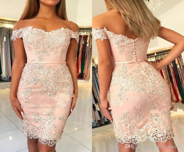 Nova chegada luz rosa vestidos de cocktail cintas de espaguete querida bainha rendas apliques acima do joelho sexy feminino curto baile de formatura g1721785