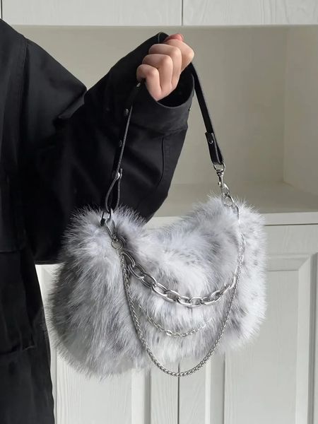 JIAERDI винтажная сумка Y2K, женская осенняя сумка для девочек на цепочке, плюшевая мягкая сумка на плечо, женская серая сумка в стиле Харадзюку, эстетичная 240226