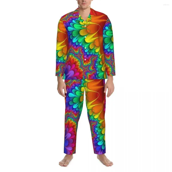 Erkekler Placowear Rainbow Splash Sonbahar Baskı Gündelik büyük boy pijama seti erkekler uzun kollu kawaii gece tasarımı gece kıyafetleri