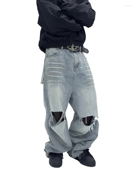 Erkek pantolon ve kadın hip hop cadde büyük yırtık atık tarzı yıkanmış sıkıntılı gevşek profil denim paspas alevli pantolon