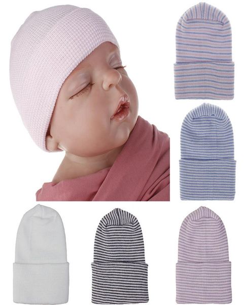 7 farben Neugeborenen Streifen Hut Baby Häkeln Stricken Hüte Infant Schädel Kappen Weiche Baumwolle Beanie Winter Warme Mütze Zubehör M5673481095