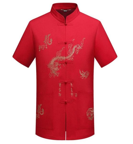 Men039s camisas casuais chinês tradicional tang roupas superior gola mandarim wing chun vestuário manga curta bordado dragão sh5630115