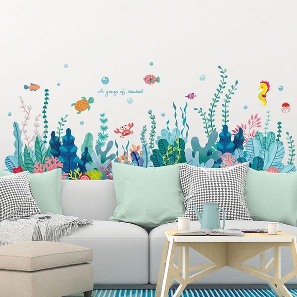Shijuehezi adesivos de parede de algas marinhas, faça você mesmo, peixes, plantas aquáticas, decalques de parede para quarto de crianças, bebê, banheiro, decoração de casa 201130302g