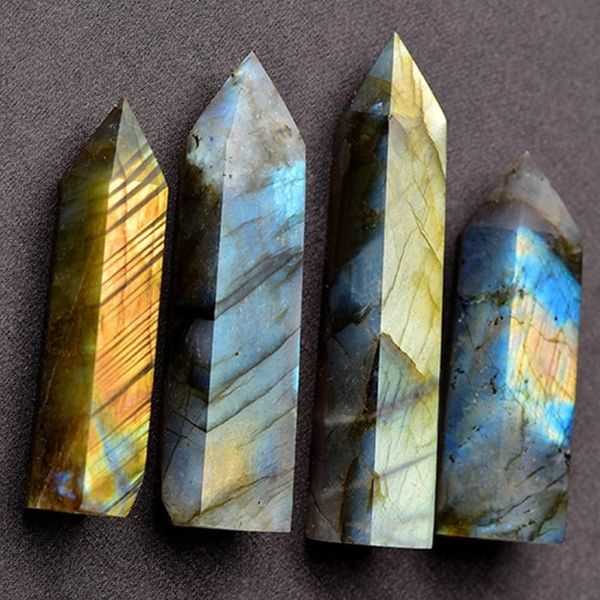 Labradorit-Mondstein-Quarz-Kristallstein, Strass-Punkt-Heilung, sechseckiger Zauberstab, Größe zufällig send345J