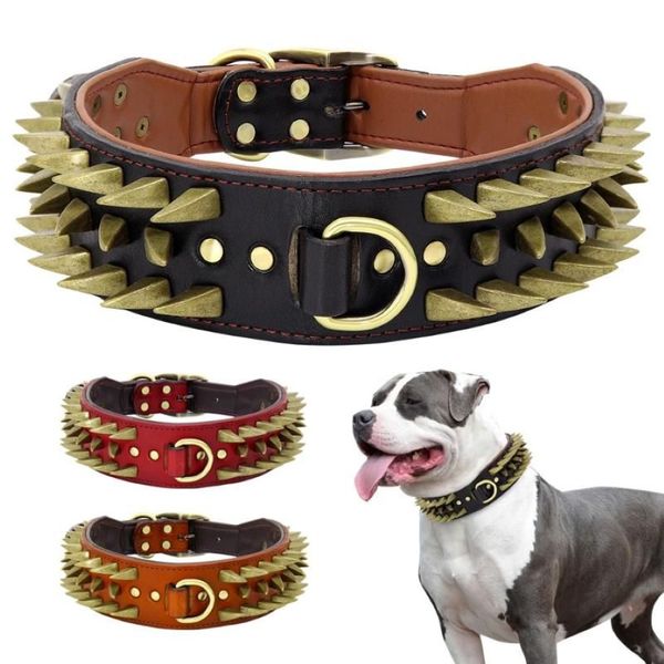 Hundehalsbänder, Leinen, 5,1 cm breit, Lederhalsband, langlebig, für große Hunde, scharfe Spikes, besetzt, mittleres großes Haustier, Pitbull, Deutsch, S3362