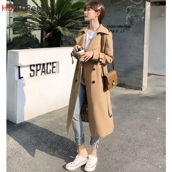 Trench lungo da donna Giacca antivento doppiopetto con scollo a V con cintura Autunno Moda Street Wear Taglia S-XL Drop 240228