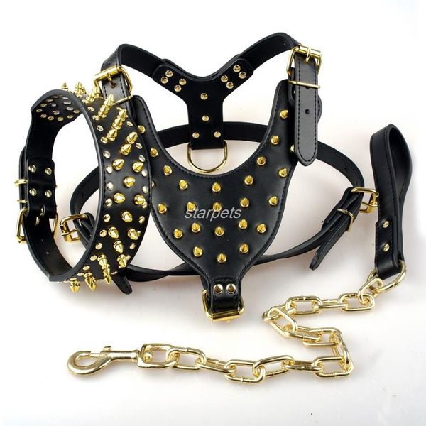 Schwarze, mit Spikes versehene Hundehalsbänder aus Leder für Hunde, Pitbull-Geschirr, Brustumfang 26–34 cm, Halsband-Leine-Set für mittelgroße und große Hunde 240i