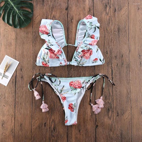 Damenbadebekleidung 2024 Sexy Frauen Zweiteiler Bikini Set Push-Up Gepolsterter Blumenrüschen Badeanzug Sommer Badeanzug Brasilianisch