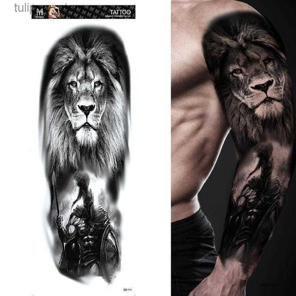 Maniche protettive Tatuaggi Manica grande per braccio Leone Corona Re Rosa Impermeabile Adesivo per tatuaggio temporaneo Moda Lupo selvaggio Tigre Uomo Teschio completo Totem Donna L240312