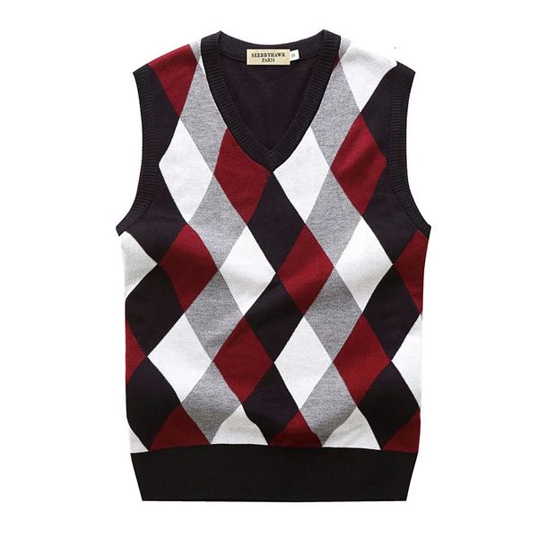 Erkek Golf Yeleği Sonbahar İlkbahar Sıcak Kalın Kolsuz Vneck Argyle İnce Fit Moda Sweaters Örme Pamuklu Günlük Yün Palto Üstleri 240312