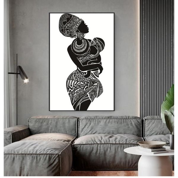 Dipinti Immagine da parete bianca Stampa poster Decorazioni per la casa Bella donna africana con camera da letto per bambini Pittura su tela nera And322z
