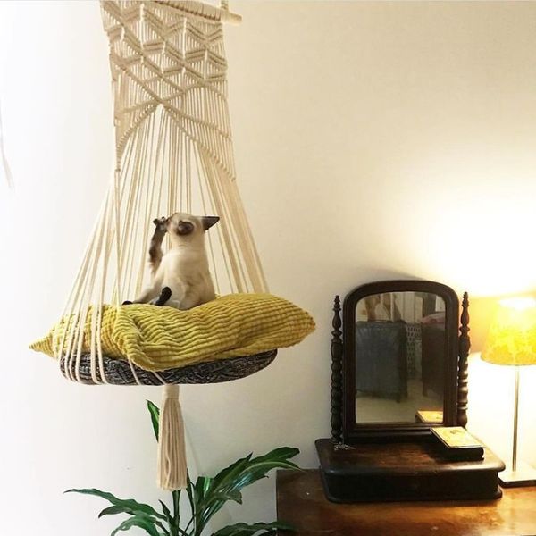 Katze Schaukel Hängematte Boho Stil Käfig Bett Handgemachte Hängende Schlaf Stuhl Sitze Quaste Katzen Spielzeug Spielen Baumwolle Seil Haustiere House2770