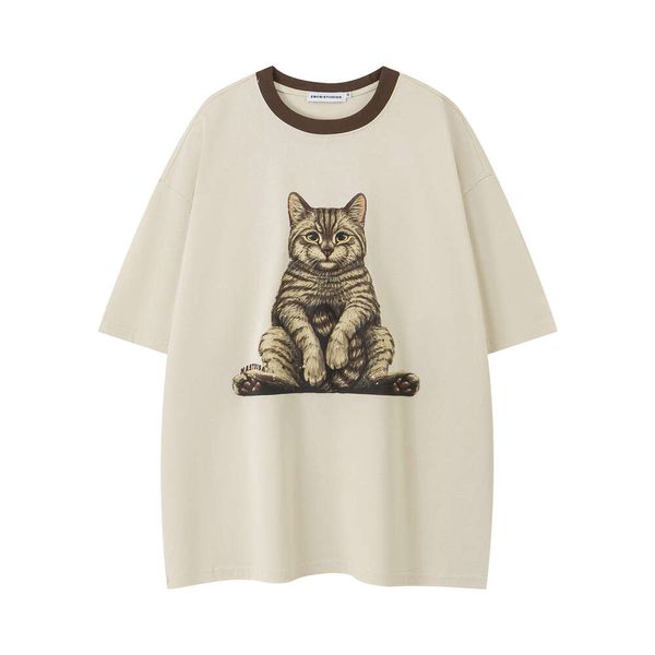 Camiseta masculina e feminina na moda de verão com estampa de gato fofo de manga curta para casais soltos e versáteis