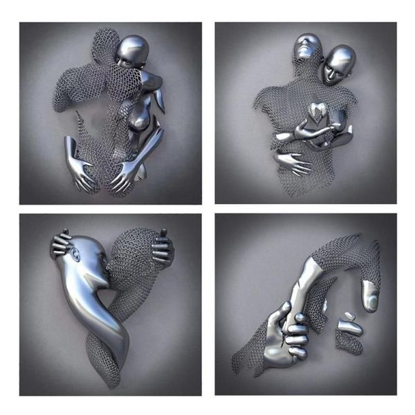 Pinturas 4 pcs amor coração 3d efeito arte de parede abstrata figura de metal estátua arte pintura de lona 19/7 polegadas moderna casa decor286l