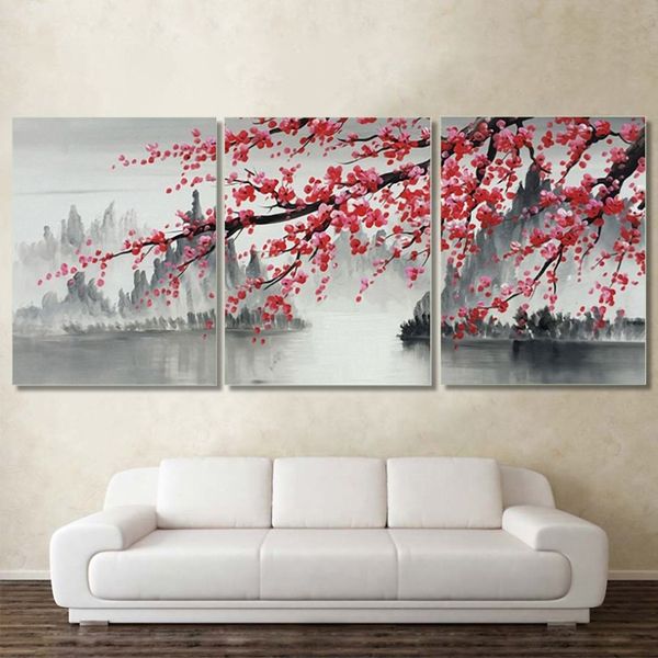 Laeacco 3 painéis estilo chinês pintura em tela moderna decoração para casa paisagem abstrata posters e impressões imagem de arte de parede de ameixa y3124