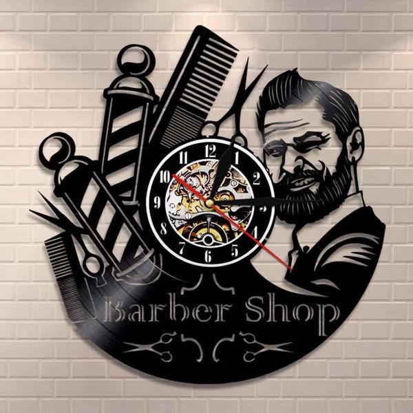 Barber Shop Schild Wanduhr Barbers Pole Vinyl Schallplatte Wanduhr Friseursalon Stylist Haarwerkzeuge Schere Barber Shop Kunstwerk Geschenk Y232W