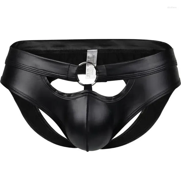 Cuecas de couro falso mens briefs sexy roupa interior masculino pu oco aberto volta jockstrap anel de argola erótico