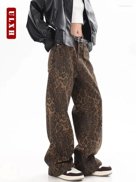 Jeans da donna ULXH American Retro Leopard Print per le donne Pantaloni casual a vita alta in denim a gamba larga Streetwear Baggy Y2k Cargo