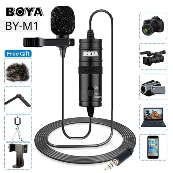 Microfones BOYA BYM1 Microfone de lapela de lapela de 3,5 mm Smartphone DSLR Gravação de vídeo Microfone para iPhone 12 Pro Max Live