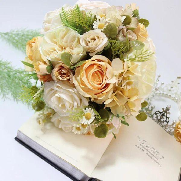 Fiori nuziali 28X26 cm Bouquet da sposa Home Floreale Arancione Austin Rose Camomilla Simulazione palmare 605
