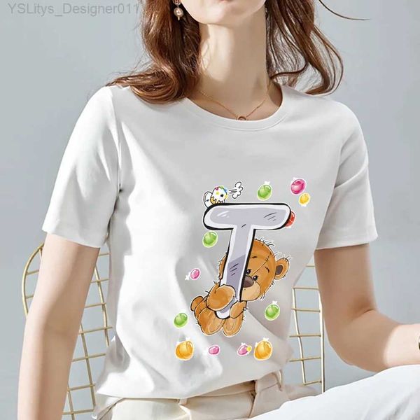 T-shirt da donna T-shirt da donna 26 inglese T Lettera Moda Bianca Simpatico cartone animato Orso Stampa Serie Top Donna Casual Girocollo Slim Corta Sle L24312 L24312