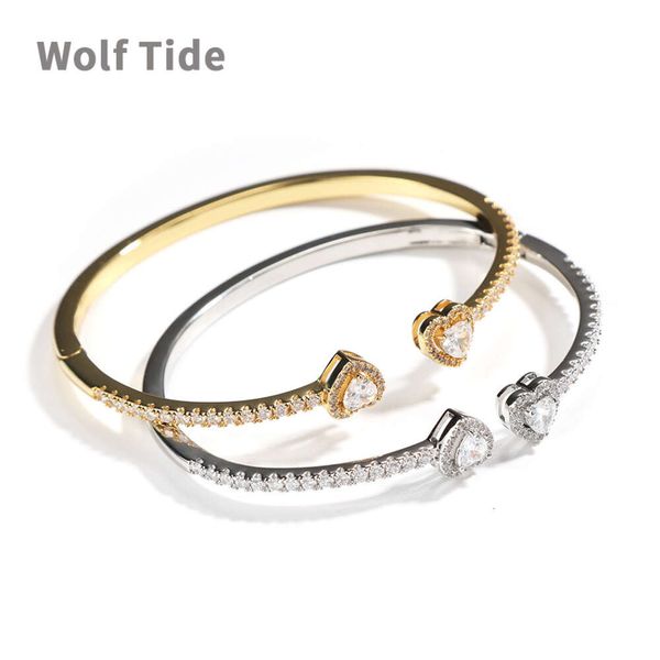 Top Quality Hip-Hop Cerchio fine Doppio amore Cuore Bracciale con ciondolo Polsino aperto Bracciale regolabile Ins Donna Diamante Bling Matrimonio personalizzato CZ Gioielli in pietra Pulsera