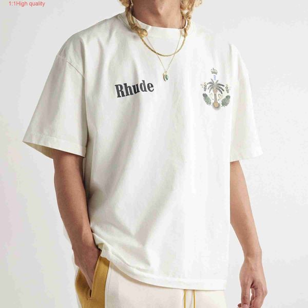 Летняя мужская маленькая модная брендовая свободная хлопковая футболка с коротким рукавом RHUDE, летняя корона кокосовой пальмы, женская футболка