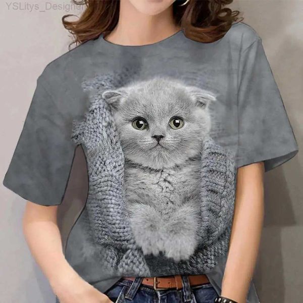 Camiseta feminina feminina camisetas para meninas 3d impressão gato gráfico camiseta verão moda casual rua curta sle tops mulheres y2k roupas l24312 l24312