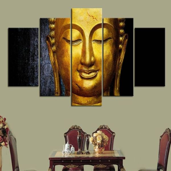 Quadri su tela di arte della parete modulari 5 pezzi dipinti di Buddha in oro cucina ristorante arredamento soggiorno poster stampato HD senza cornice243E