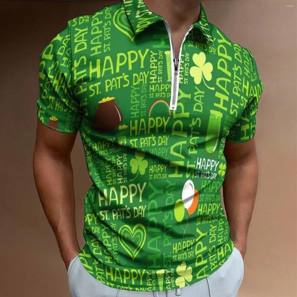 Erkek Polos Yeşil Shamrock Polo Gömlekler Erkek Moda St Patricks Günü Günlük 3D Dijital Baskı Üst Kısa Kollu Zip-Up Bluz