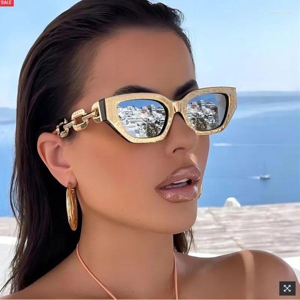 Sonnenbrille 2024 Trend Mode Kleine Metallkette Rauer Rahmen Retro Cat Eye Elegante Brillen Schwarz