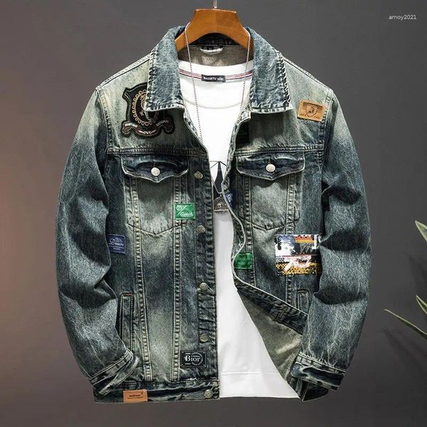 Jaquetas masculinas Colar Pano Bordado Motocicleta Denim Jaqueta High Street Retro Solto e Bonito Roupas de Moda