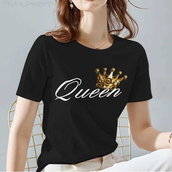 Mulheres T-shirt Mulheres Camisetas Verão Coroa Padrão Impressão Fe Tops Tee Casual Preto e Branco Base Senhoras T-shirt Mulheres Roupas L24312