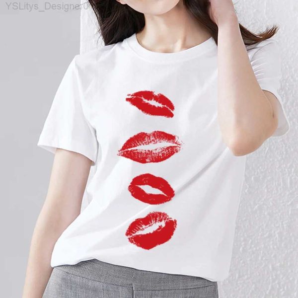 Damen-T-Shirt, trendiges T-Shirt für Damen, O-Ausschnitt, sexy Retro-Druck mit roten Lippen, Serie Damen, Comter, lässig, schlank, bequem, Oberteil, weiß, kurzärmelig, L24312, L24312
