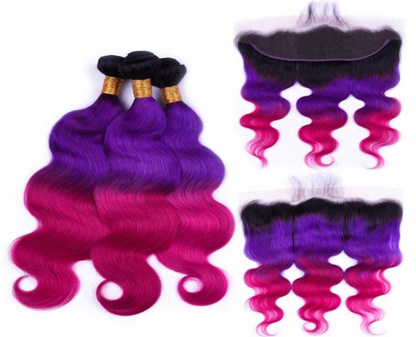 Silanda cabelo 3 tons ombre t 1bpurplerose vermelho onda do corpo remy tecer cabelo humano pacotes 3 tramas com 13x4 rendas frontal 9658787