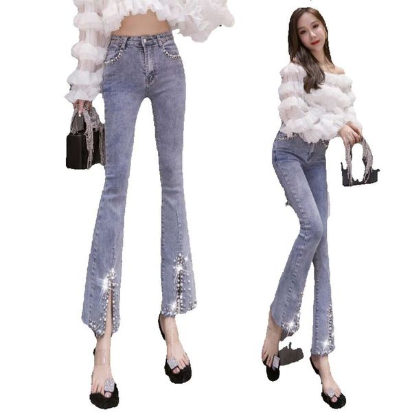 Dokuz Kadın Noktası Alevlendi 2023 Erken Sonbahar Yeni Ağır Endüstri Tırnak Boncuk Perçin Bölünmüş Jeans Kadınların Yüksek Belli Pantolon Kot pantolon