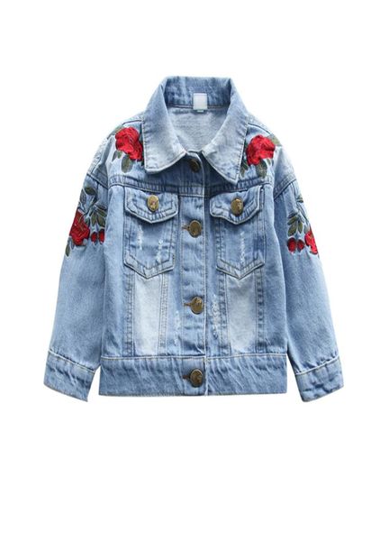 Jaqueta jeans bordada com flores rosas para meninas, jaqueta jeans vintage para meninas pequenas, jaqueta jeans para meninas 13t4246187