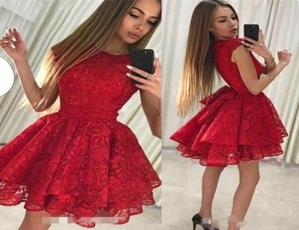 Renda vermelha vestidos de baile jóia pescoço em camadas saia mangas tampadas mini vestido de festa de cocktail vestido de baile feito sob encomenda curto vestido de baile5958791