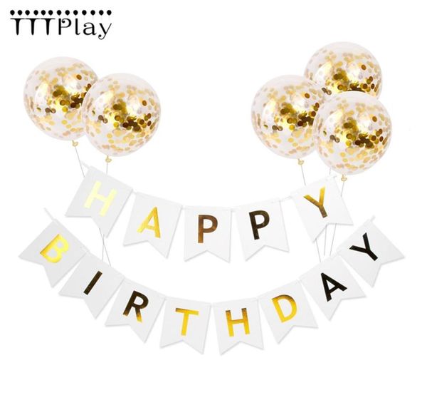 6 pz lotto Palloncini Coriandoli Oro 12 pollici Gonfiabile Compleanno Ballon Bianco Buon Compleanno Banner Decorazione Del Partito Forniture265D7473231