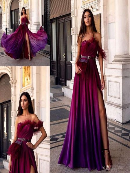 Oksana Mukha 2020 Vestidos de noite Sexy Strapless High Side Split com faixas Tassel A Line Satin Prom Dress Até o chão Formal Pa3669595