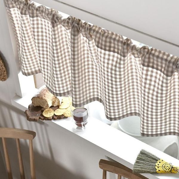 Cortina cortinas tule puro algodão linho grade curta janela romana para casa sala de estar decoração voile na cozinha café plaid324e