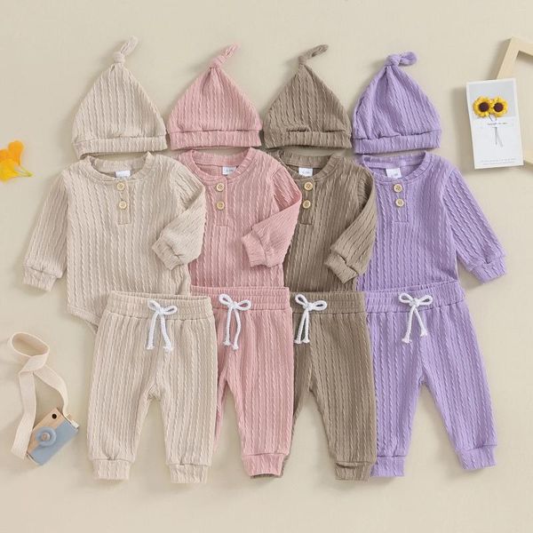 Set di abbigliamento CitgeeAutumn Neonate Vestiti per neonati Abiti Tinta unita Pagliaccetti a maniche lunghe e pantaloni elastici Cappello a cuffia Set autunnale