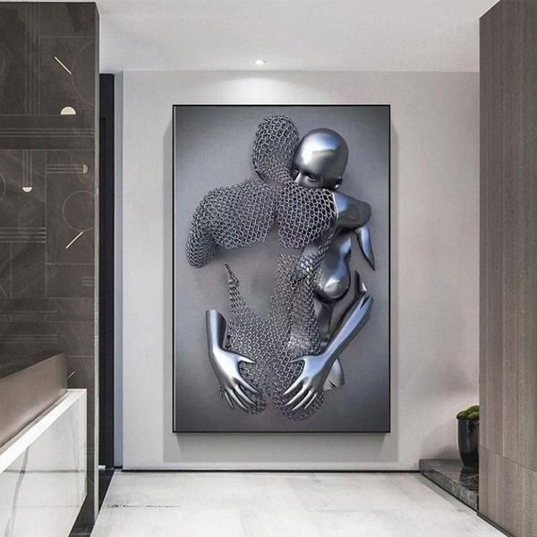 Resimler çiftler metal figür heykel tuval resim nordic love öpücük poster ve yazdırıyor seksi vücut duvar sanat resimleri ro229d için