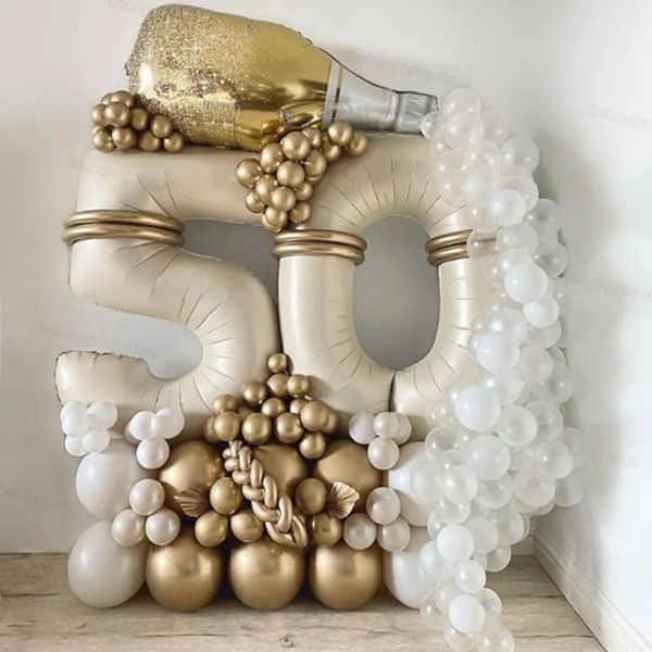 130 pçs creme areia branco ouro número balões conjunto folha de 40 polegadas para feliz 20 30 40 50th decorações da festa de aniversário 240226