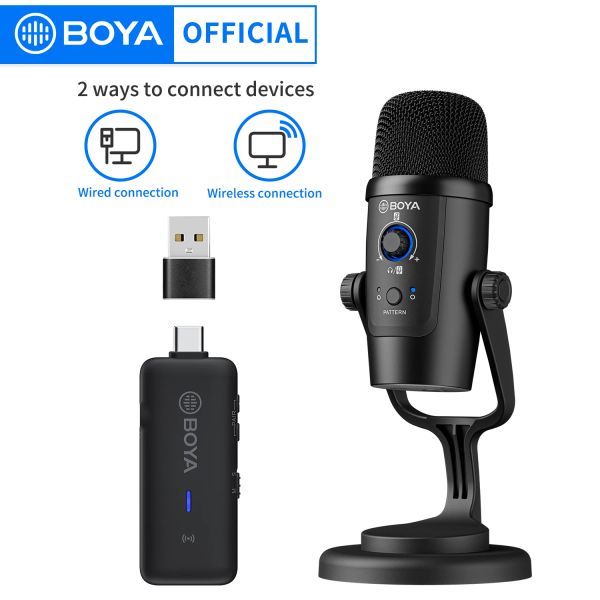 Microfones Microfone USB BOYA BYPM500W com fio / sem fio, um cardióide de função dupla e um monitor omnidirecional, microfone de mesa para jogos