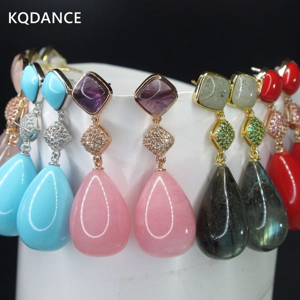 KQDANCE Mulher Rosa Quartzo Pérola Azul Turquesa Aquamarine Vermelho Preto Ágata Pedras Preciosas Naturais Brincos de Lágrima 925 Agulha de Prata 240229