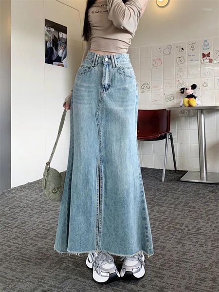 Saias estilo coreano elegante mulher y2k longo denim mulheres midi saia vintage harajuku roupas maxi jean streetwear