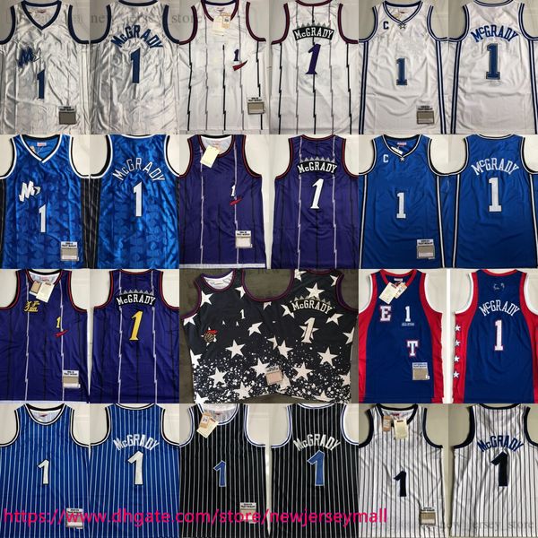 Bordado retro autêntico clássico Basquete 1 Tracymcgrady Jerseys vintage Purple White Stripe 1998-99 Real costure-se Black Black Breathable Sport de alta qualidade Jersey